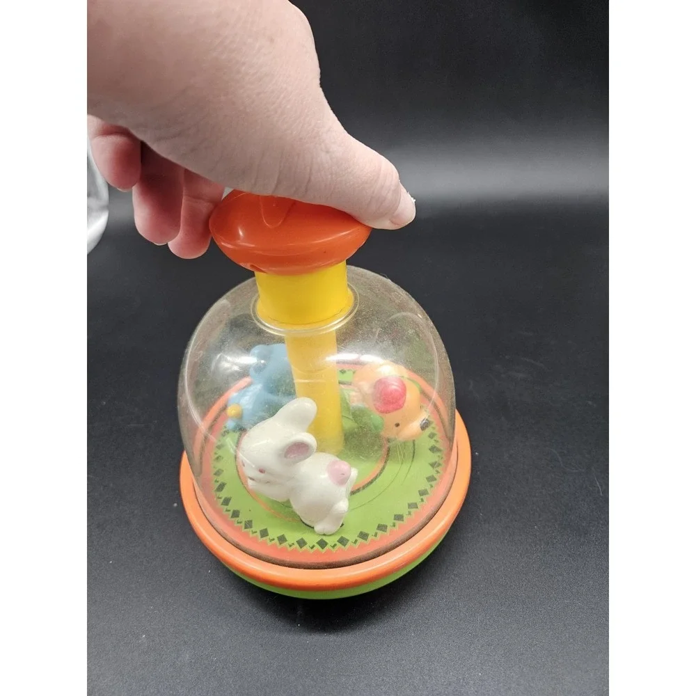 Vintage Push And Spin Toddler Toy Carousel Bear Dog Rabbit Spinner